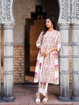 Indisangam - Women Multi-Color Printed A-Line Cotton Kurta with Pant
