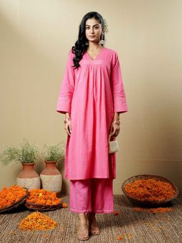 Indisangam - Women Solid Rose Pink A-Line Cotton Kurta and Pant
