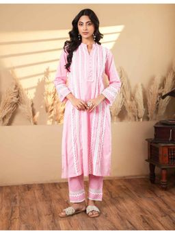 Indisangam - Women Pink Lace Work Cotton Kurta and Pant