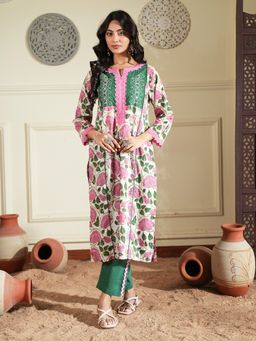 Indisangam - Women Green Lotus Embroidered Cotton Kurta and Pant