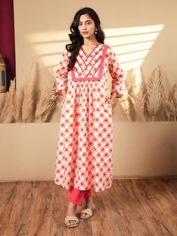 Indisangam - Women Pink Floral Embroidered Cotton Kurta and Pant
