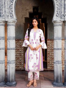 Indisangam - Women Purple Floral Printed A-Line Cotton Kurta and Pant