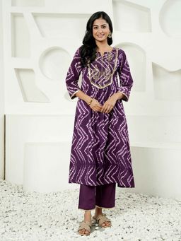 Indisangam - Women Purple Printed A-Line Cotton Kurta and Pant