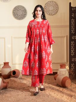 Indisangam - Women Red Buta Pintuck Cotton Kurta and Pant