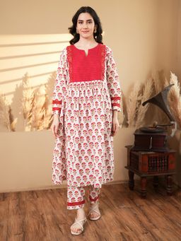 Indisangam - Women Red Floral Pintuck Cotton Kurta and Pant