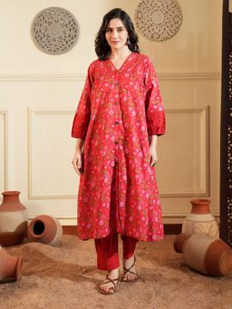 Indisangam - Women Red Floral Lace Cotton Kurta and Pant