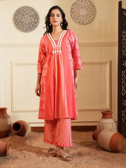 Indisangam - Women Red Ikat Lace Stripe Cotton Kurta and Pant