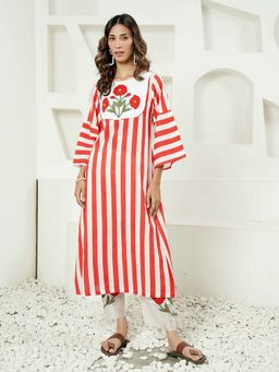 Indisangam - Women Red Striped Cotton Kurta and Pant