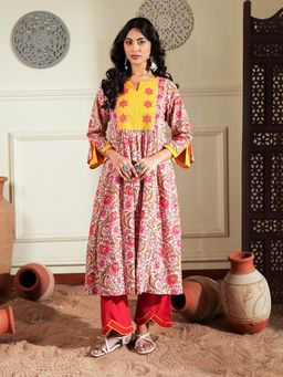 Indisangam - Women Red Chintz Embroidered Cotton Kurta and Pant