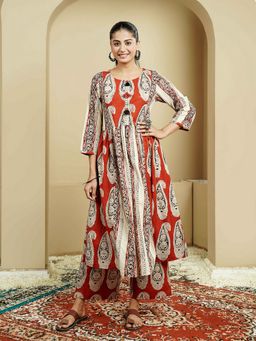 Indisangam - Women Rust Cotton All-Over Traditional Print Anarkali Kurta with Pant