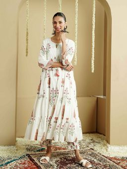 Indisangam - Women White Pastel Floral Printed Cotton Kurta and Pant