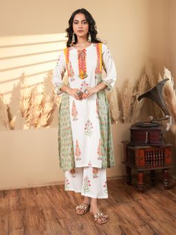 Indisangam - Women White Floral Cotton Kurta and Pant