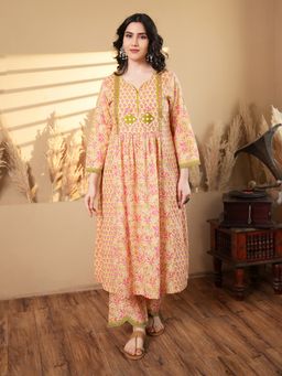 Indisangam - Women Yellow Chintz Embroidered Cotton Kurta and Pant