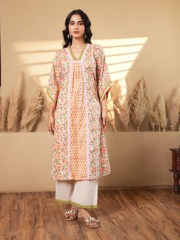 Indisangam - Women Peach Chintz Lace Cotton Kurta and Pant