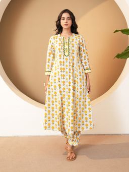 Indisangam - Women Yellow Floral Printed Lace Cotton Kurta and Pant