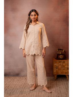 Juniper - Women Brown Sand Whisper Schiffli Kurta With Pant