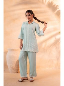 Juniper - Women Sage Green Schiffli Lounge Kurta With Pant