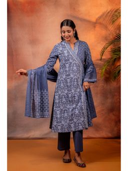 Juniper - Women Indigo Printed Angrakha Kurta With Pant And Dupatta
