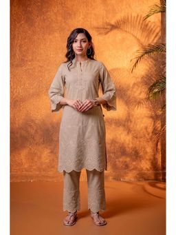 Juniper - Women Brown Camel Dune Tonal Schiffli Kurta With Pant