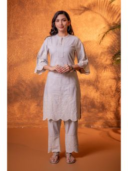 Juniper - Women Grey Dune Tonal Schiffli Kurta With Pant