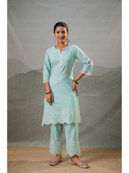 Juniper - Women Green Noor Scallop Schiffli Kurta With Pant