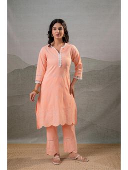 Juniper - Women Peach Noor Scallop Schiffli Kurta With Pant