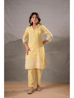 Juniper - Women Mustard Sunbeam Schiffli Panel Kurta With Pant
