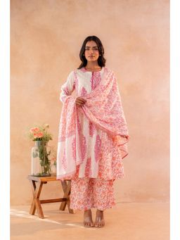 Juniper - Women Pink Floral Printed Anarkali Kurta With Pant And Dupatta