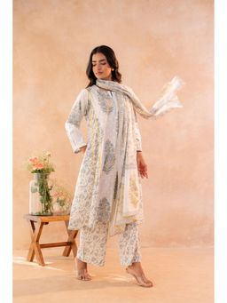 Juniper - Women Off White Floral Printed Anarkali Kurta With Pant And Dupatta