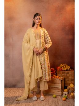 Juniper - Women Yellow Printed Anarkali Kurta Set With Pant And Dupatta