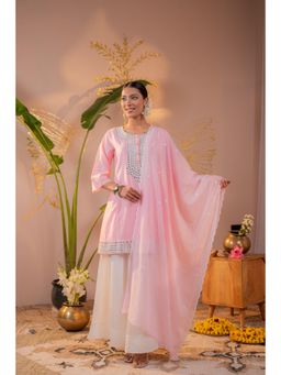 Juniper - Women Pink Bloom mirror work Embroidered Kurta With Pant And Dupatta