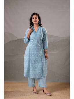 Juniper - Women Sky Blue Schiffli Kurta And Pant