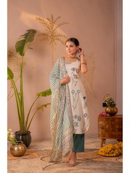 Juniper - White Botanical Printed Sleeveless Kurta Set with Striped Dupatta