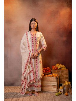 Juniper - Women Elegant Beige Floral Straight Kurta With Pant And Dupatta