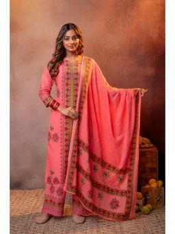 Juniper - Women Orange Floral Straight Kurta With Pant And Dupatta