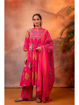 Juniper - Women Graceful Pink Floral Anarkali Kurta With Pant And Dupatta
