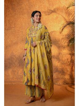 Juniper - Women Graceful Mustard Floral Anarkali Kurta With Pant And Dupatta