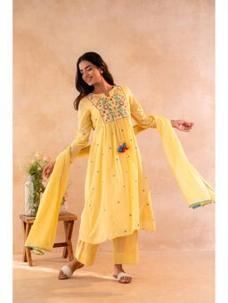 Juniper - Women Elegant Yellow Embroidered Kurta With Pant And Dupatta