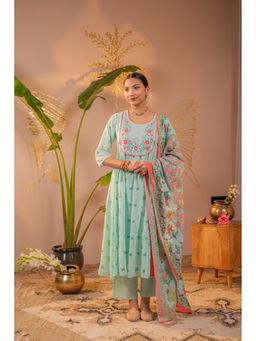 Juniper - Women Mint Green Printed Anarkali Kurta With Pant And Dupatta