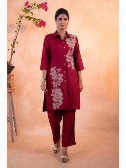 Juniper - Women Red Wood Bloom Printed Kurta With Pant