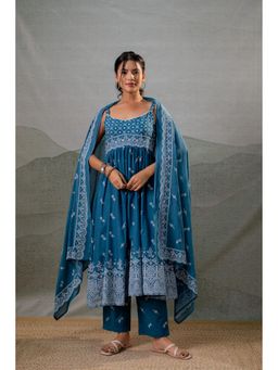 Juniper - Women Indigo Printed Anarkali Kurta With Pant And Dupatta