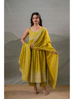 Juniper - Women Lime Printed Anarkali Kurta With Pant And Dupatta