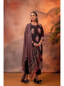 Juniper - Women Black Floral Printed Straight Kurta With Pant And Dupatta
