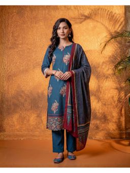 Juniper - Women Teal Floral Printed Straight Kurta With And Dupatta