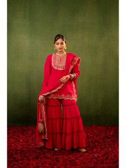 Juniper - Women Pink Embroidered Kurta With Sharara And Dupatta
