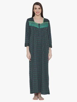 Clovia - Woollen Printed Full Sleeves Night Dress In Green (Free Size)
