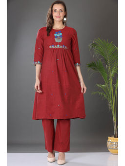 Kaanchie Nanggia - Maroon Cotton Embroidered Flared Kurta Pants (Set of 2)