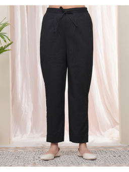 Vaasva Jaipur - Women Black Cotton Flax Solid Straight Pants