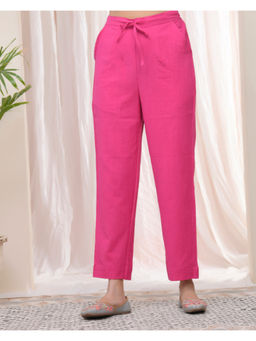 Vaasva Jaipur - Women Pink Cotton Flax Solid Straight Pants