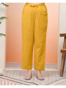 Vaasva Jaipur - Women Mustard Cotton Flax Solid Straight Pants